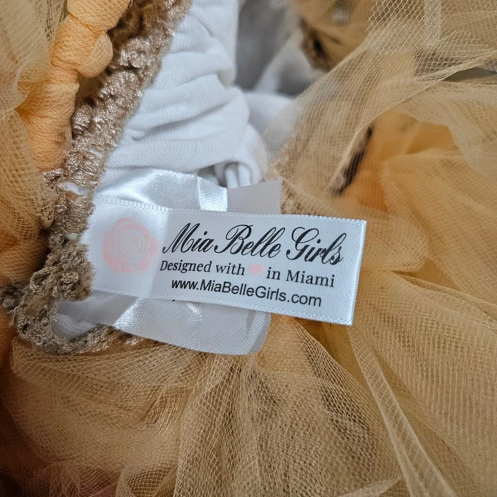 Mia Belle Girls Gold Orange Tulle Tutu Pageant Dress Size 5T Glitter Floral Bows